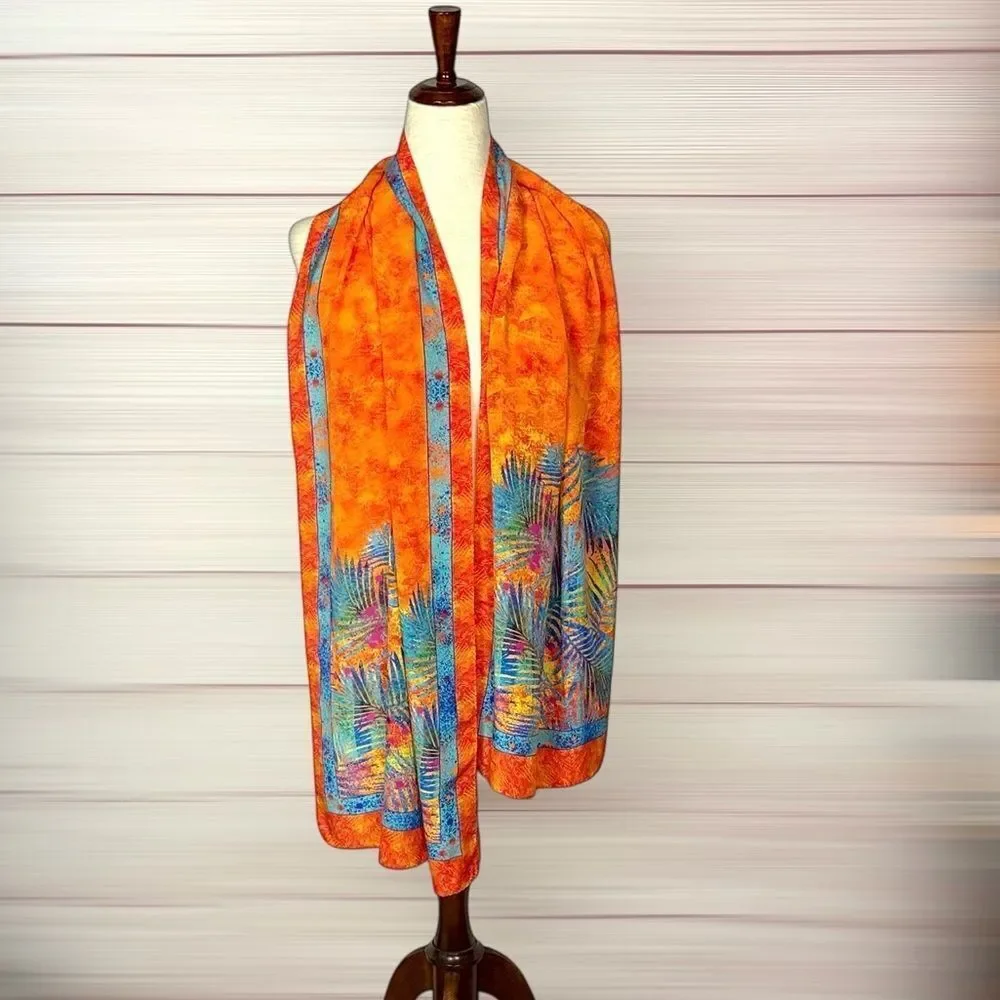 Christina Large Silk Oblong Scarf Wrap Orange Blue Tropical Print 20,5x74